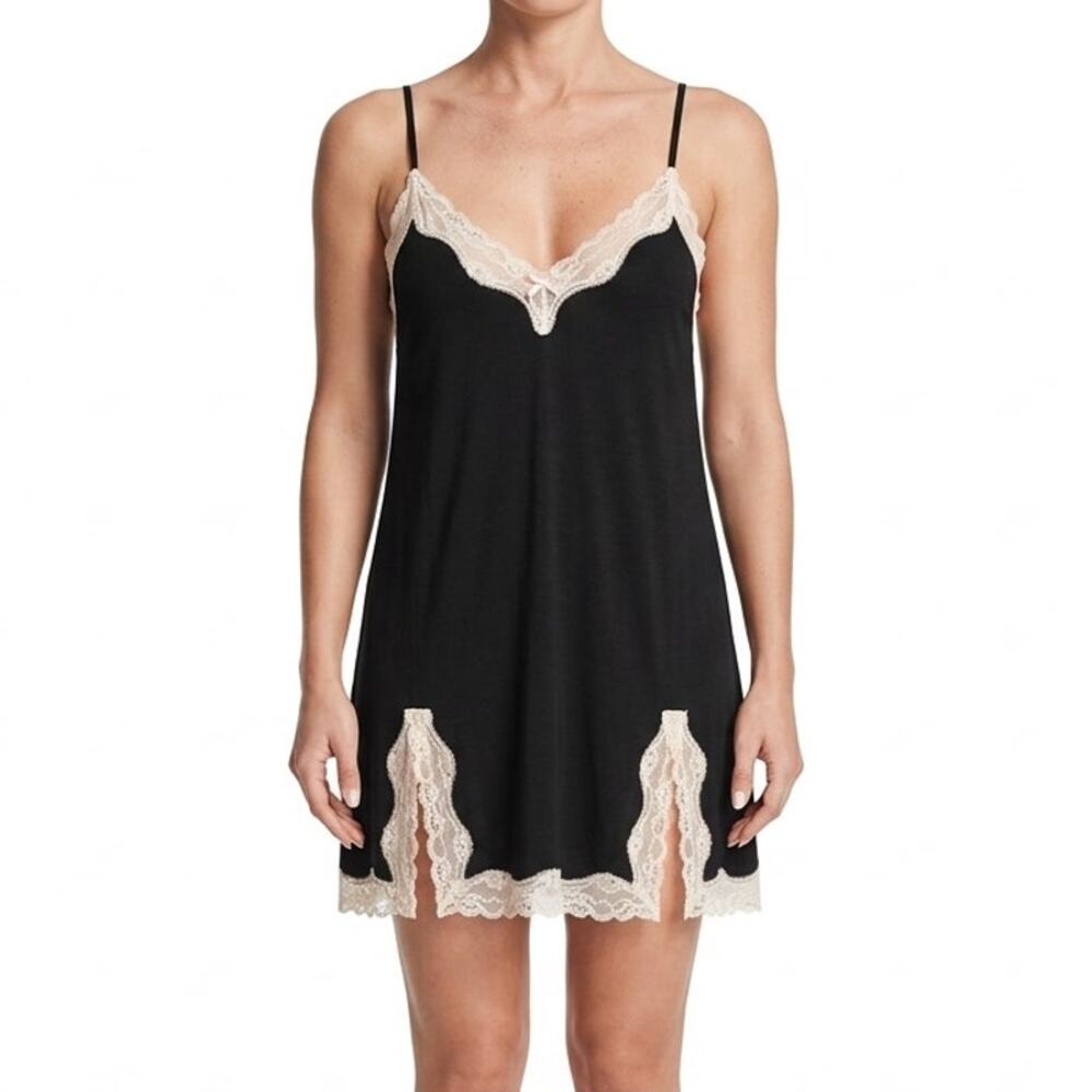 Victoria's Secret Black Cream Lace Double Slit Slip Chemise Mini Dress size L